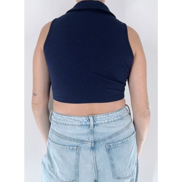 Women's Navy Blue Collared Sleeveless Crop Top Size Small - Picture 2 of 3